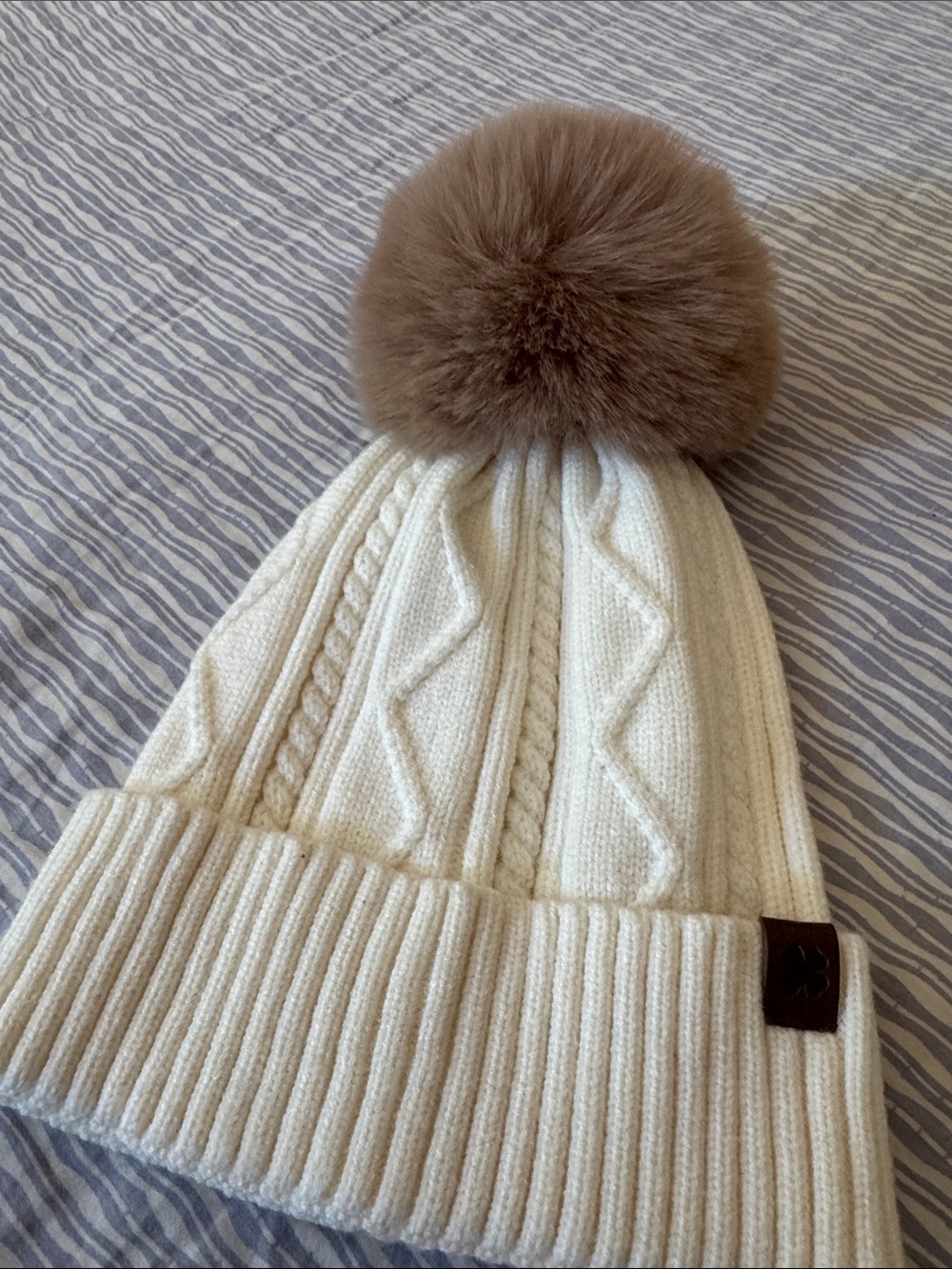 Lucky brand Knitted Cream Pom Pom Beanie Hat women